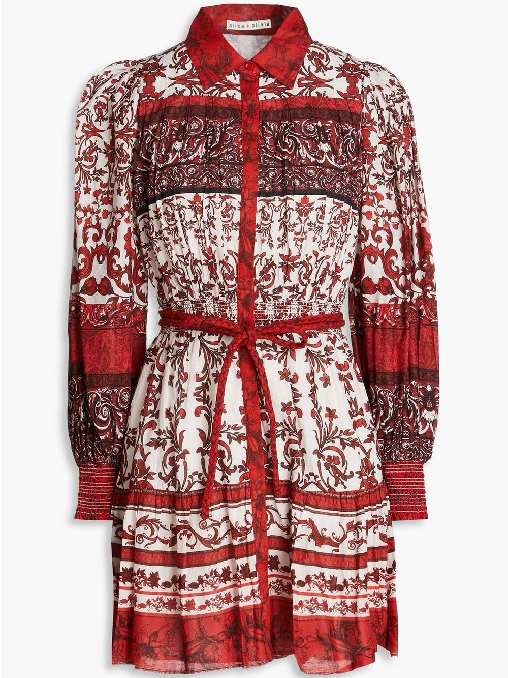 Alice + Olivia Red and White Printed Tie-Waist Mini Dress
